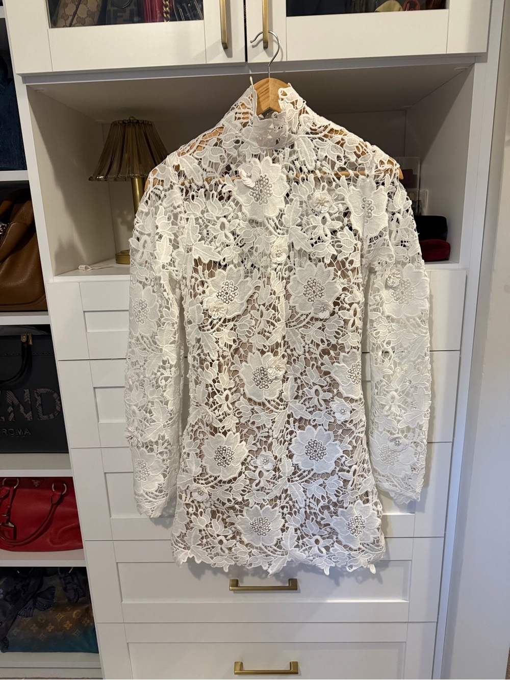 L'Academie Delphine White Floral Lace High-Neck Mini Dress - Picture 12 of 12
